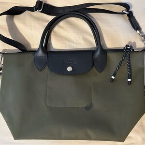 Longchamp Le Pliage Energy Khaki Black Leather Shoulder Bag